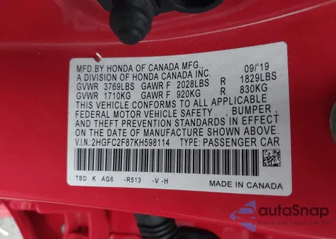 2019 Honda Civic Sport from USA, damaged, VIN 2HGFC2F87KH598114
